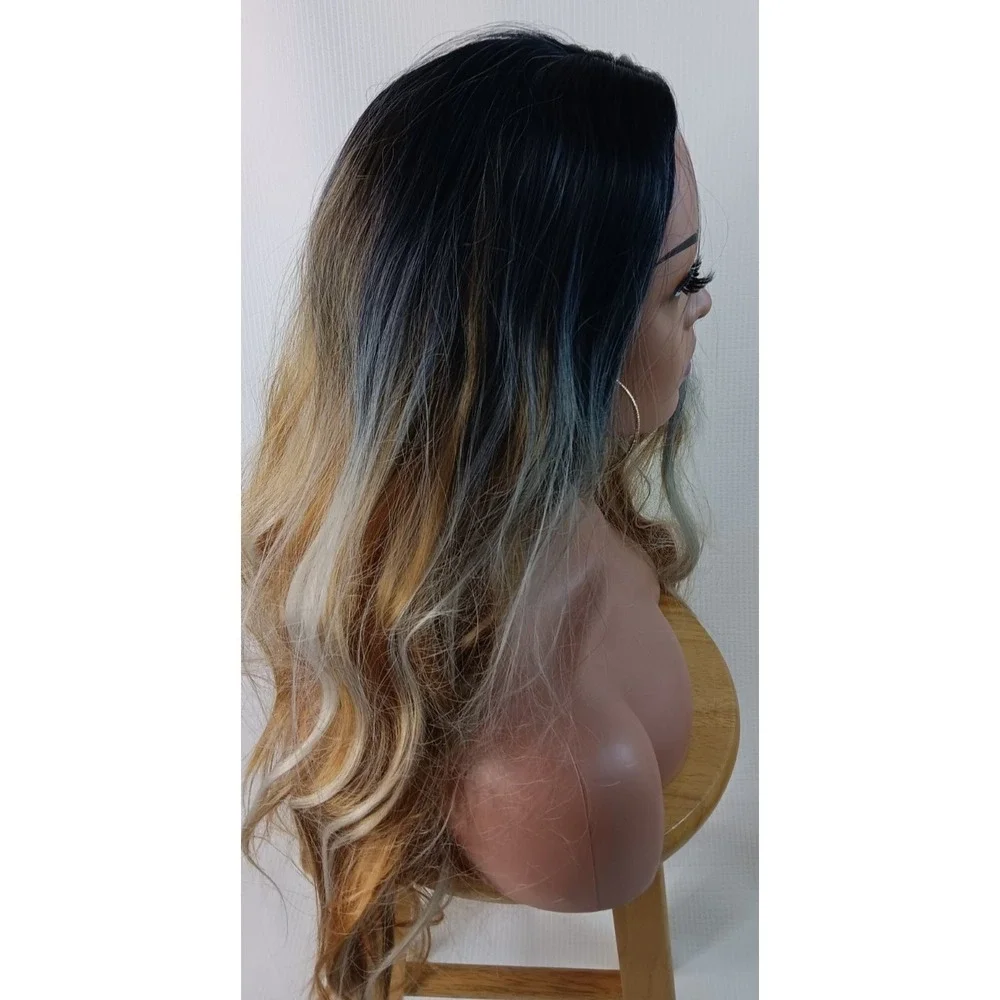 Women's Wavy synthetic layered Ombre Light Copper Brown middle part hair wig 25